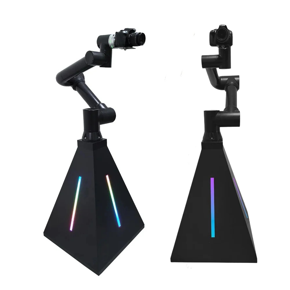 A black robotic arm photobooth with a colorful light stripe, designed for capturing images at events such as weddings and parties.