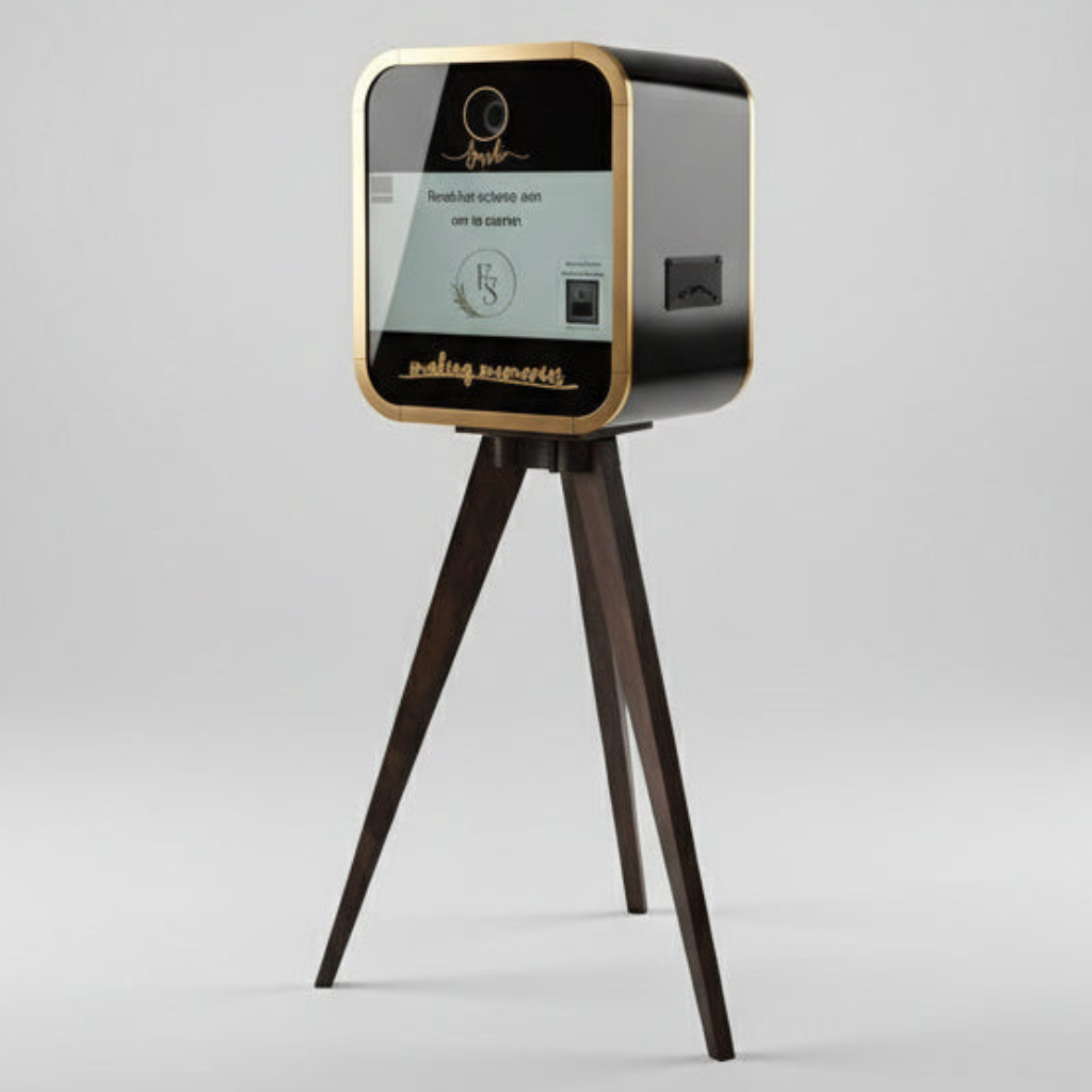 Vintage-style DSLR photobooth with digital screen on a gray background for events, weddings, parties, corporate events