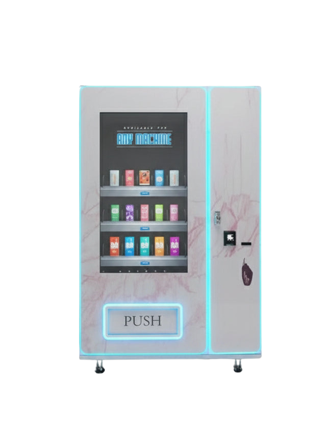 Grey Vending machine with colourful items on a white background, neon effect lighting