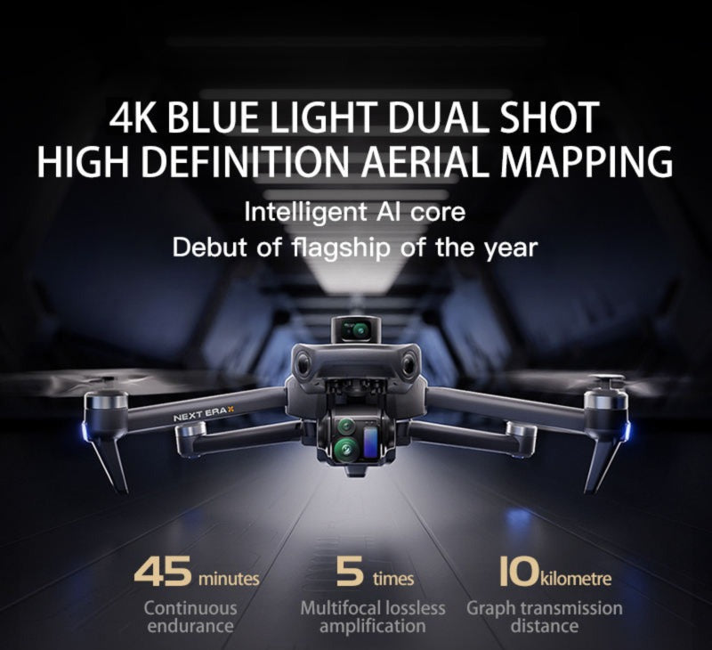 High-tech drone with promotional text about 4K blue light dual shot mapping capabilities.