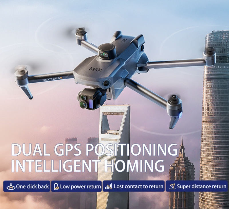 Drone with 'MAX' branding flying over city skyline with text about GPS positioning and homing features.