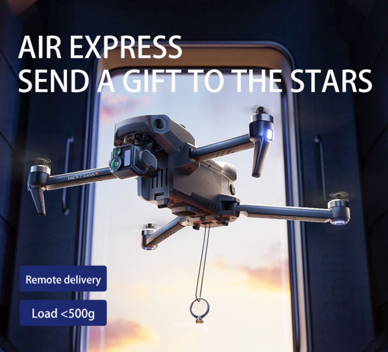 Drone with payload hanging outside a window, promotional text 'Air Express: Send a Gift to the Stars' displayed.