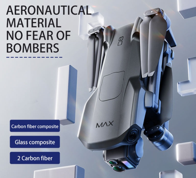 Drone with 'MAX' branding on a gray background with text about aeronautical material.