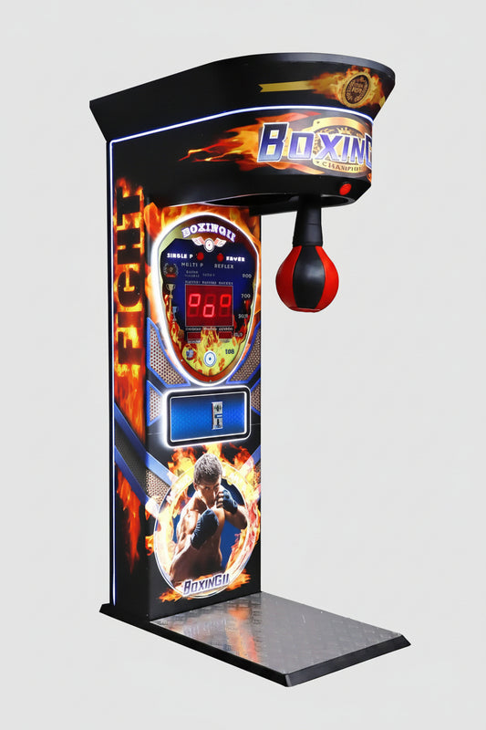 Boxing arcade machine with digital display and colorful design on a white background