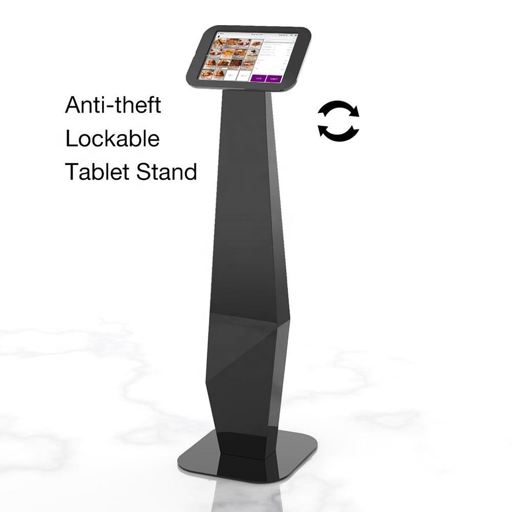 Anti-theft lockable tablet stand with a tablet on top displaying images, on a white background.