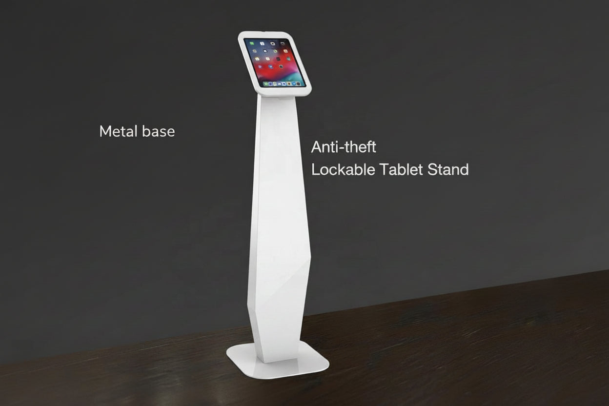 Anti-theft lockable tablet stand with tablet on a dark surface