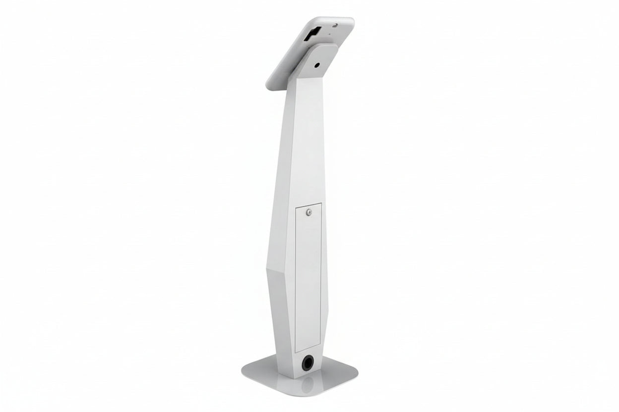 Anti-theft lockable tablet stand with a lock mechanism on a white background