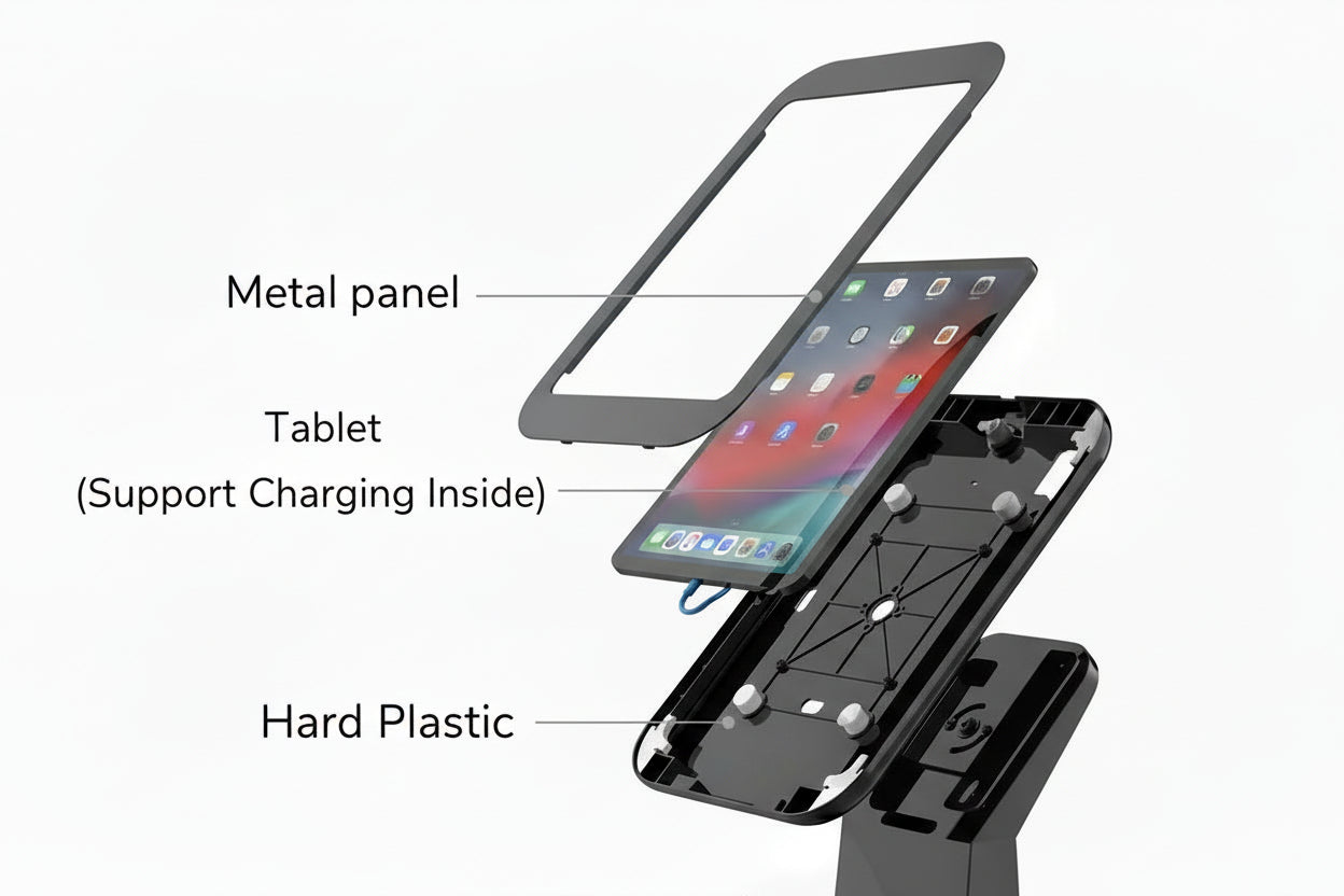 Diagram of a metal tablet stand with labeled parts on a white background
