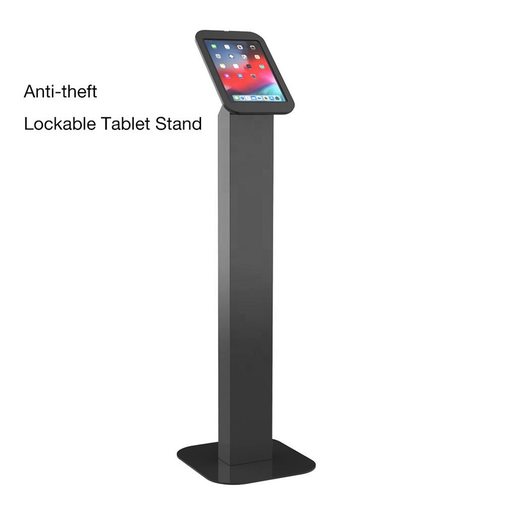 Anti-theft lockable tablet stand with a tablet on top on a white background