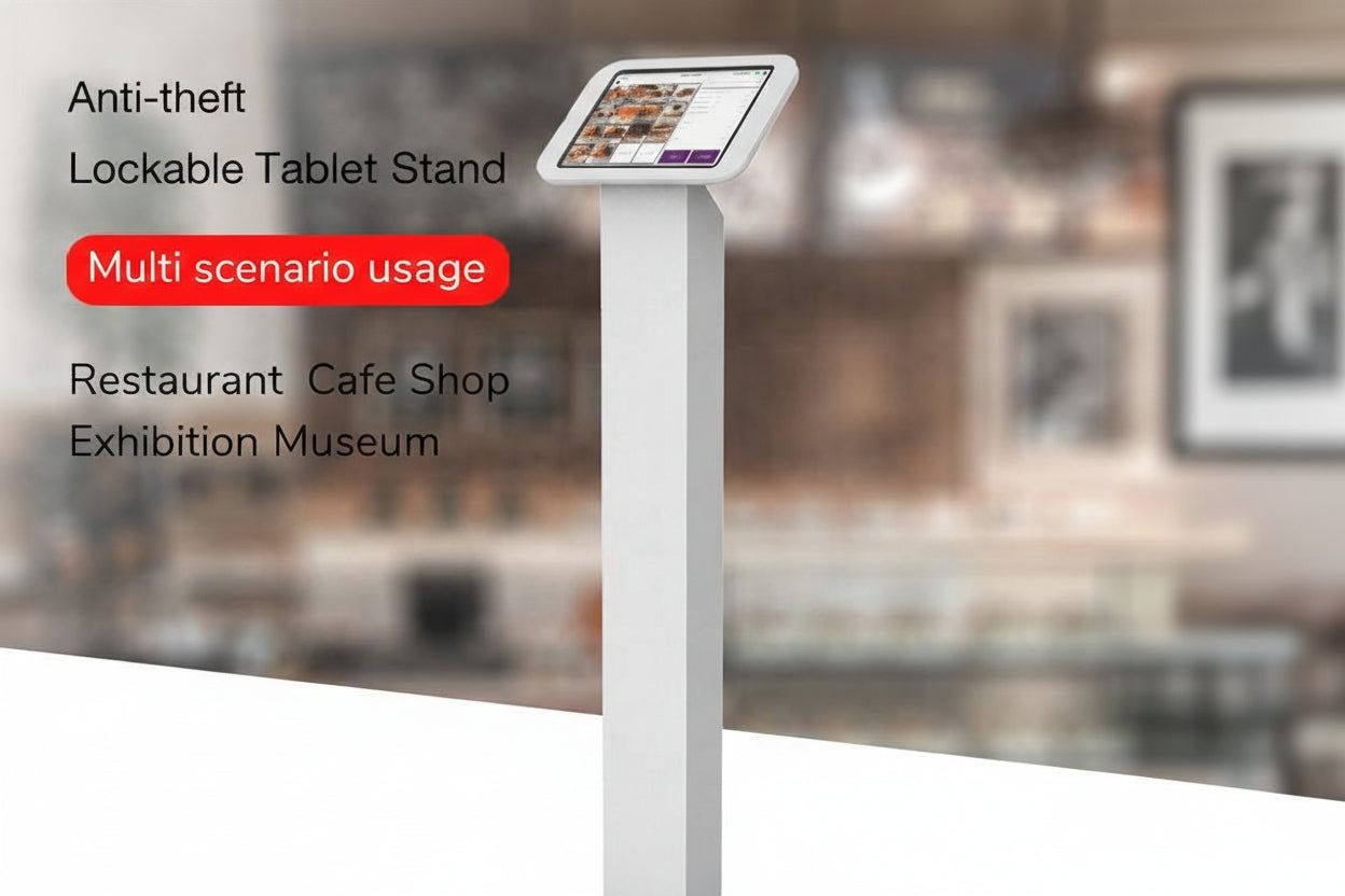 Anti-theft lockable tablet stand with tablet on top, suitable for various settings like restaurants and cafes.