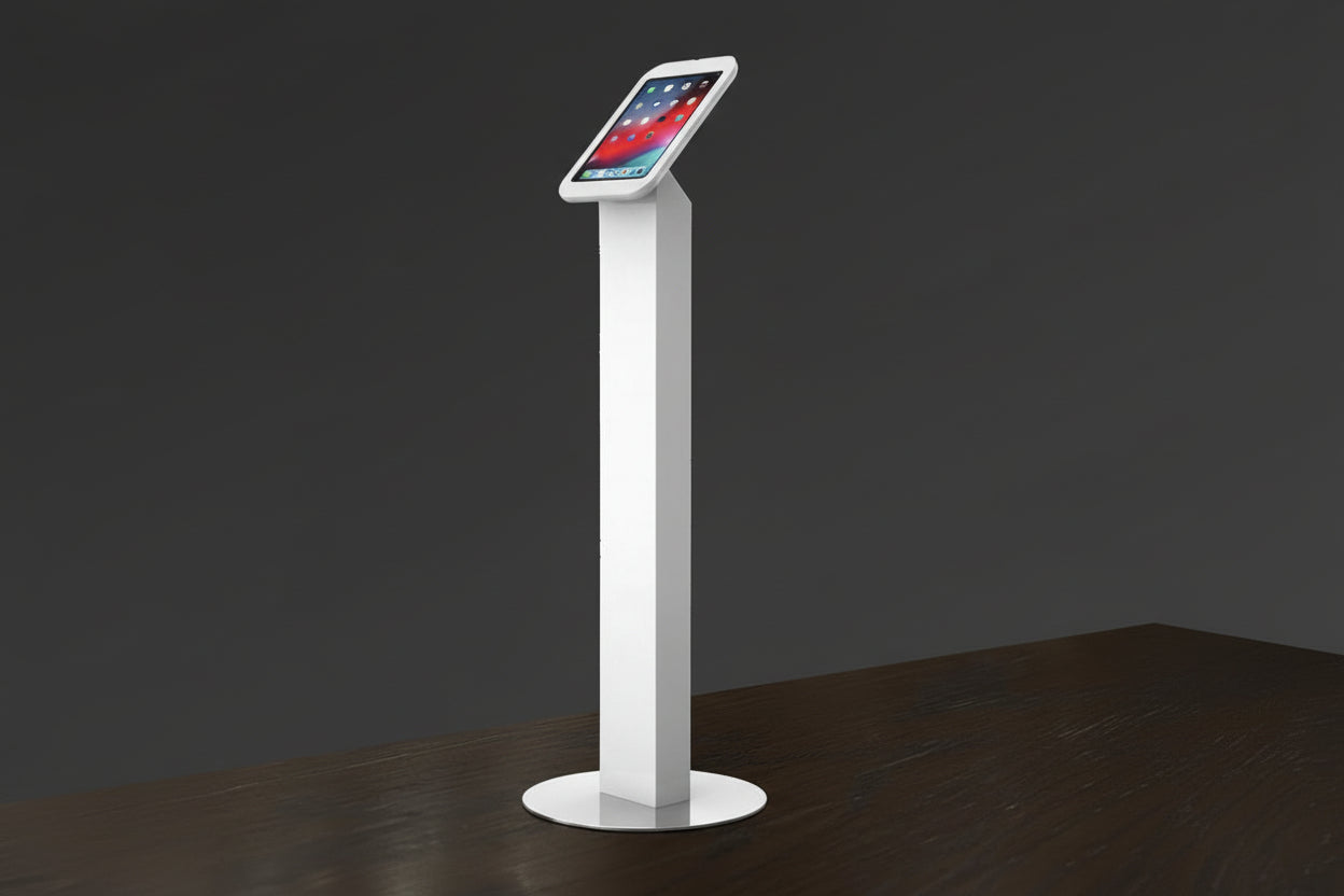 Anti-theft lockable tablet stand with tablet on a dark surface
