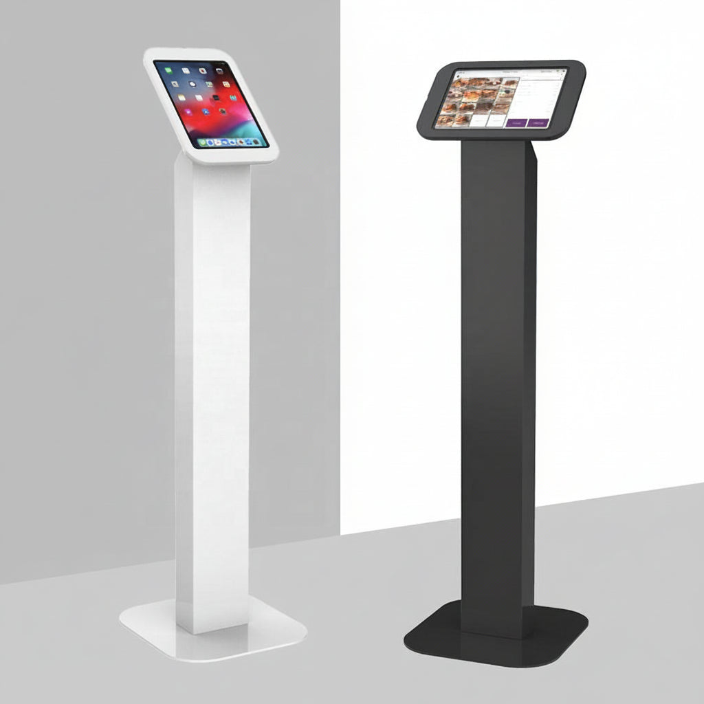 Two tablet/ipad stands, one white and one black, on a gray background 