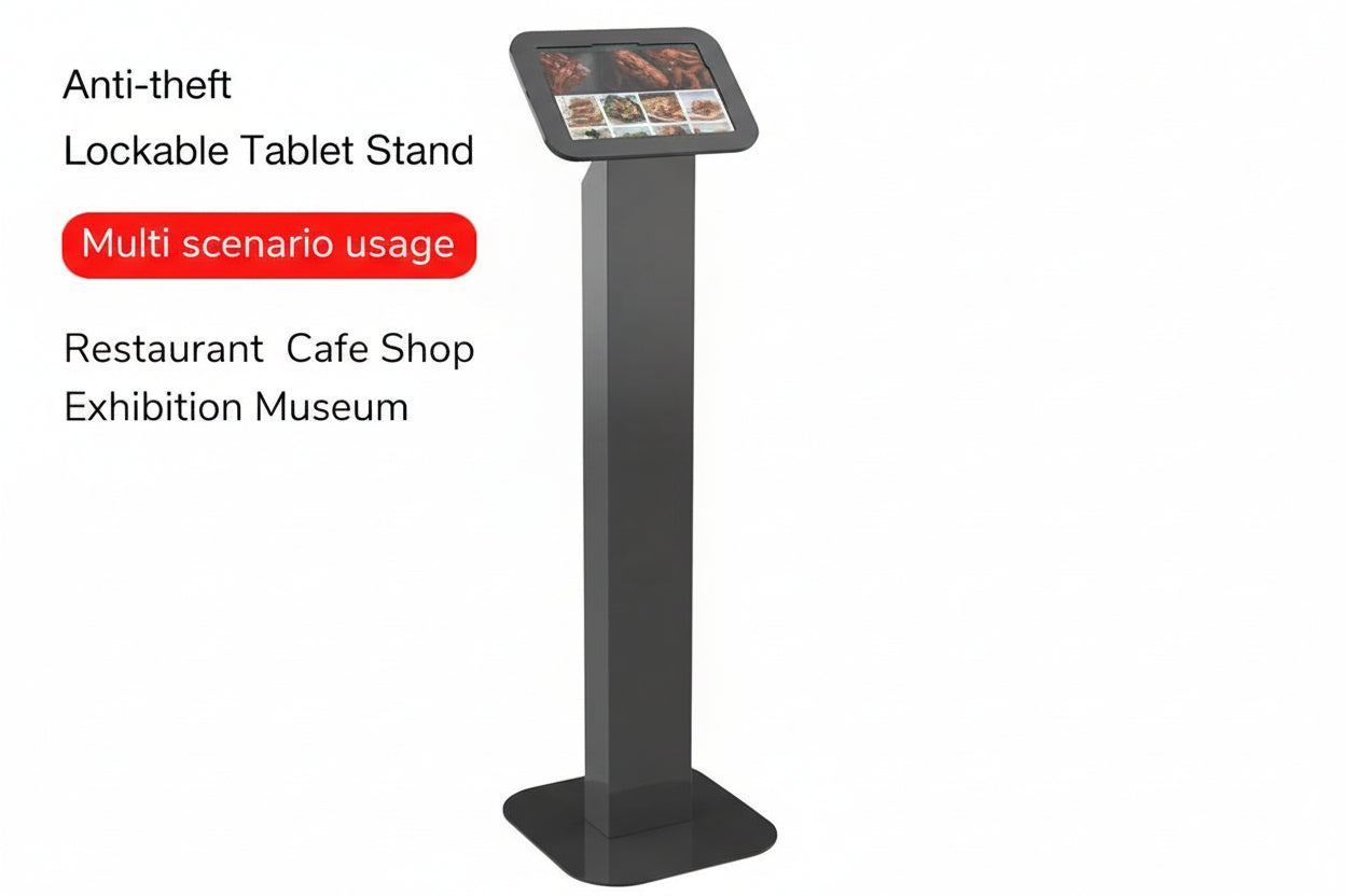 Anti-theft lockable tablet stand with digital menu display on a white background