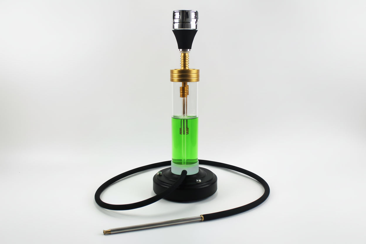 Shisha pipe with green liquid in a transparent chamber on a white background