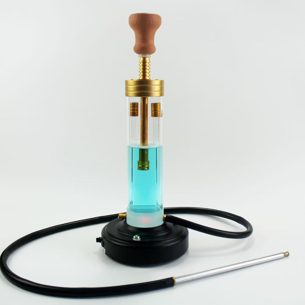 Hookah with wooden top and clear chamber containing blue liquid on a white background