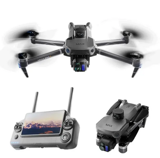 Drone with camera, remote control, and gimbal on a white background