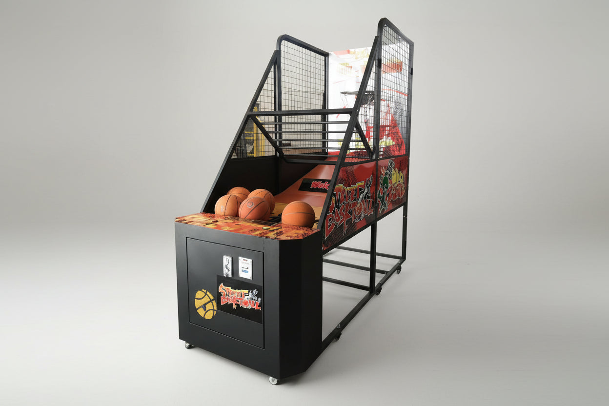Basketball arcade machine with basketballs on a white background with coin and card payment system