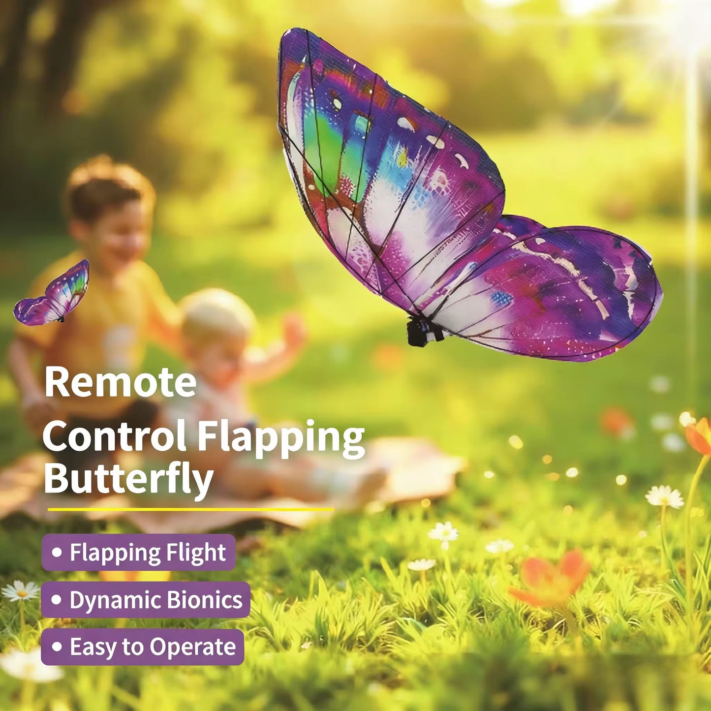 Remote control flapping butterfly drone in a park setting with children in the background