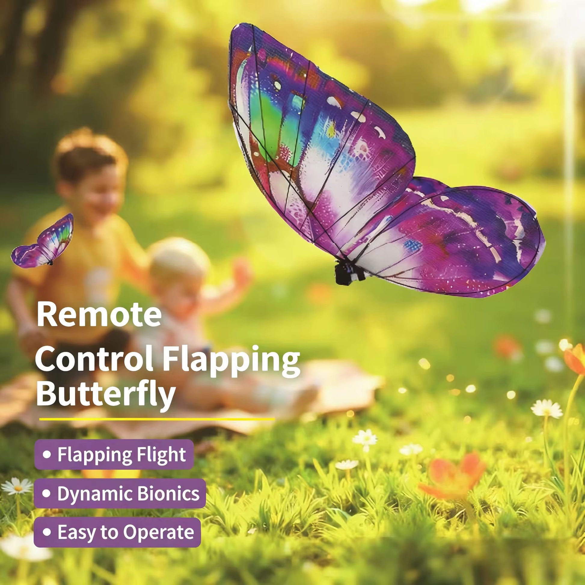 Remote control flapping butterfly drone in a park setting with children in the background