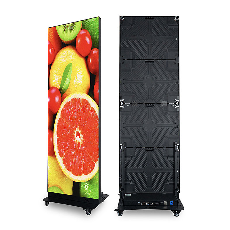 Digital display stand with fruit graphics on one side and the back side of the screen displayed.  