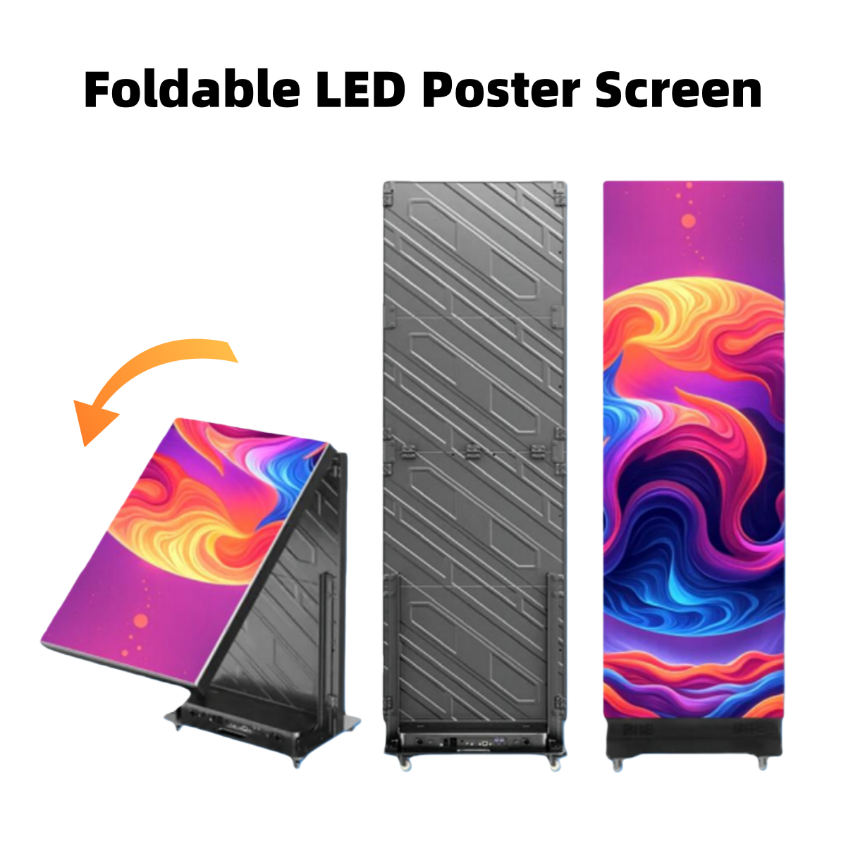 Foldable LED poster screen with colorful display and black frame on a white background