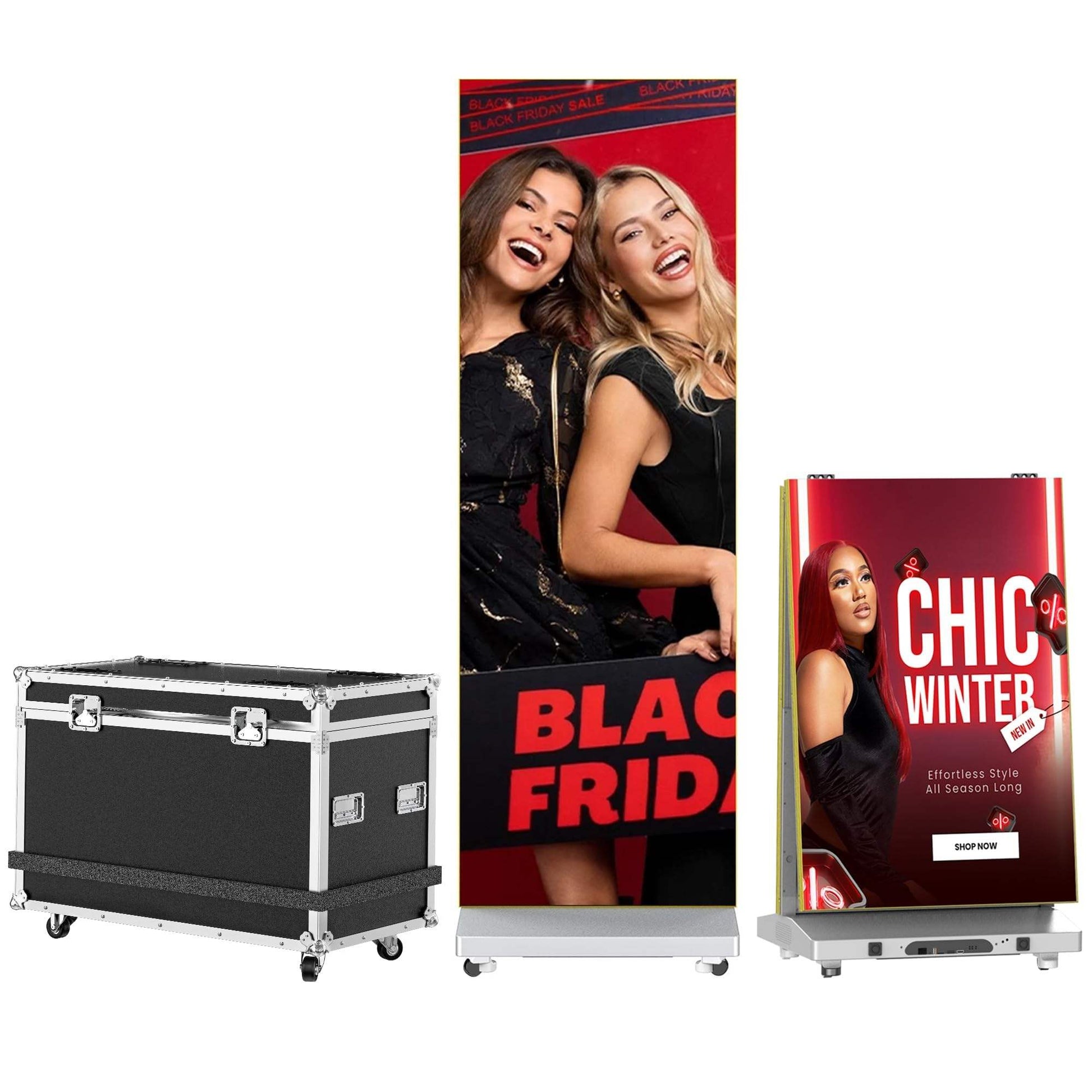 2 foldable display screens displaying a black friday advert with a metal flight case