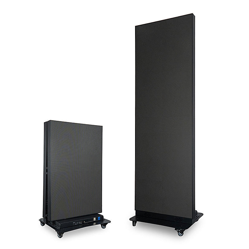 1 folded display screen and the other unfolded with wheels for portability.
