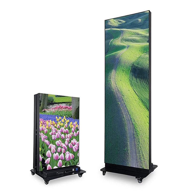 Two digital display stands showing nature scenes on a white background. One is folded while the other stands fully.