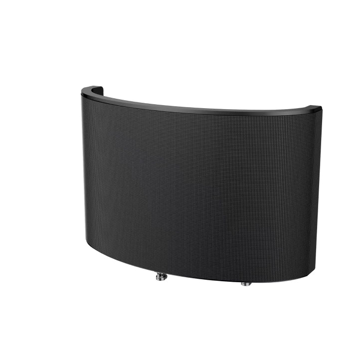 Black, curved dj booth with wheels on a white background