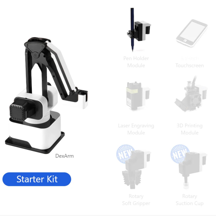 Robot arm starter kit with components on a white background