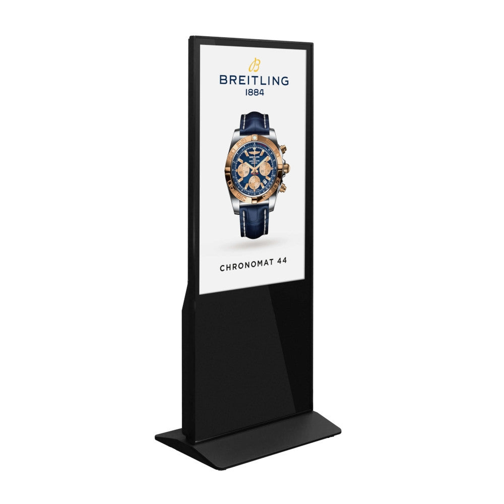 43” LED Touchscreen Indoor Digital Kiosk Floor Standing with Breitling watch advertisement on a white background