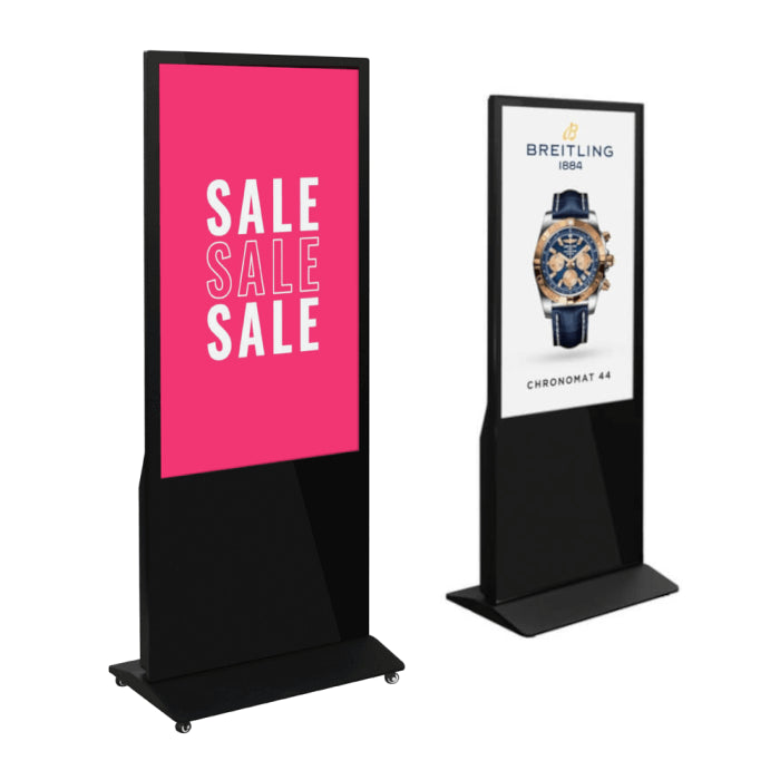 43” LED Touchscreen Indoor Digital Kiosk Floor Standing one with a 'SALE' sign and the other with a Breitling watch advertisement.