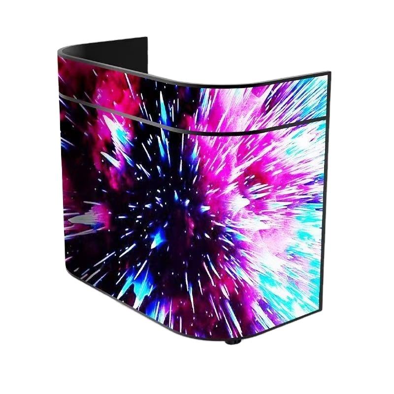 Curved DJ Booth with colorful abstract design on a white background