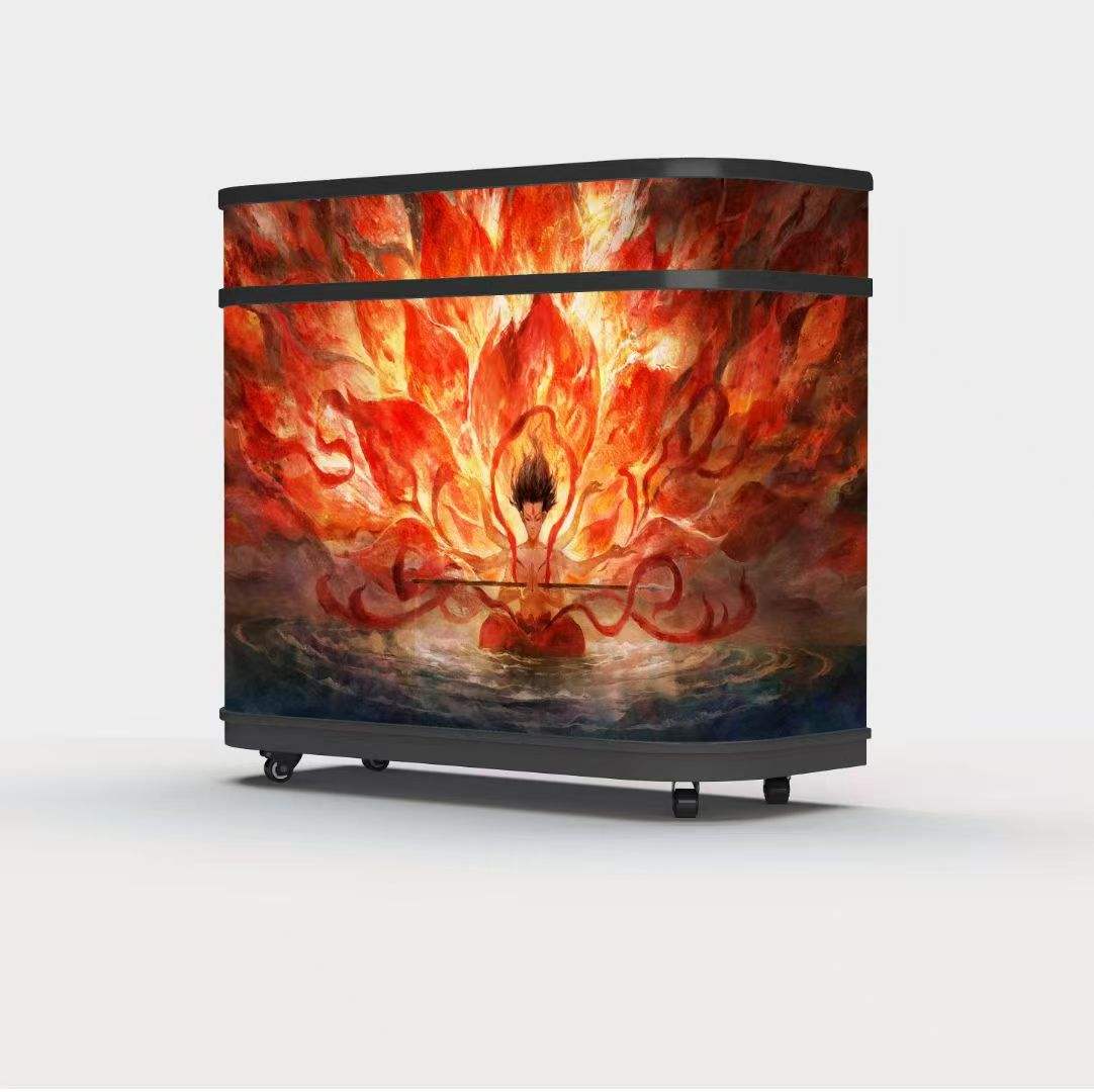 Curved DJ booth displaying a fiery design on a white background.