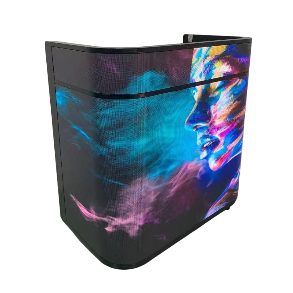 Curved DJ booth displaying aface coloured in purple and blue on the led screen.
