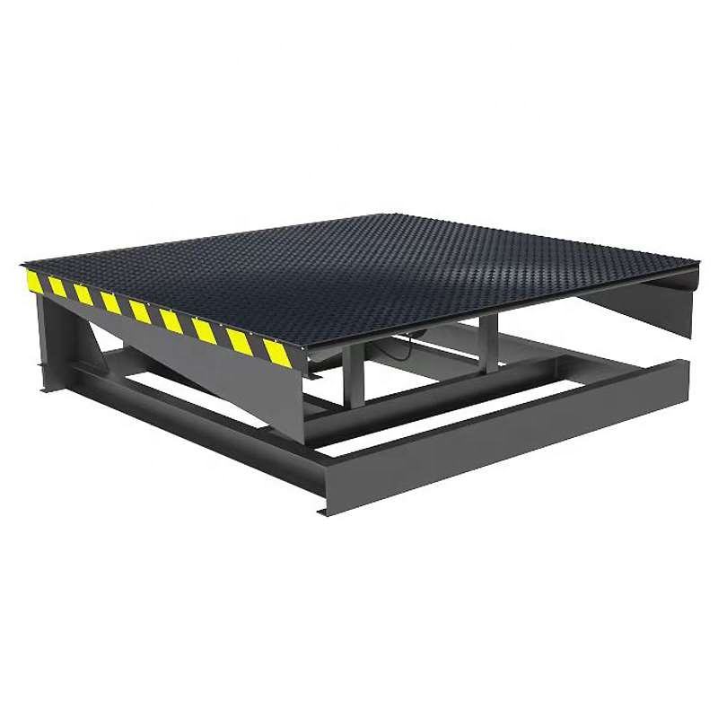 Hydraulic telescopic ribs with black platform and yellow safety stripes on a white background