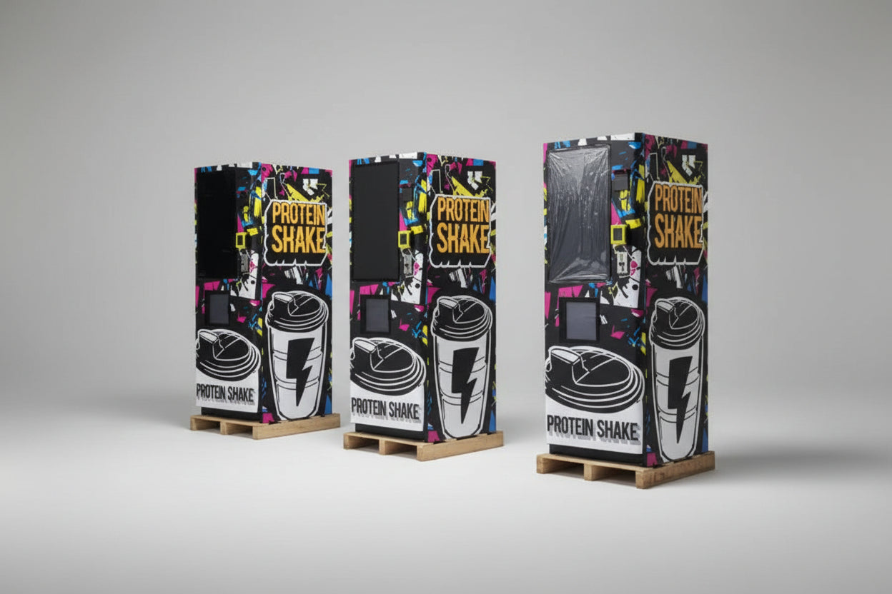 Protein shake vending drinks machines on a studio setting background.