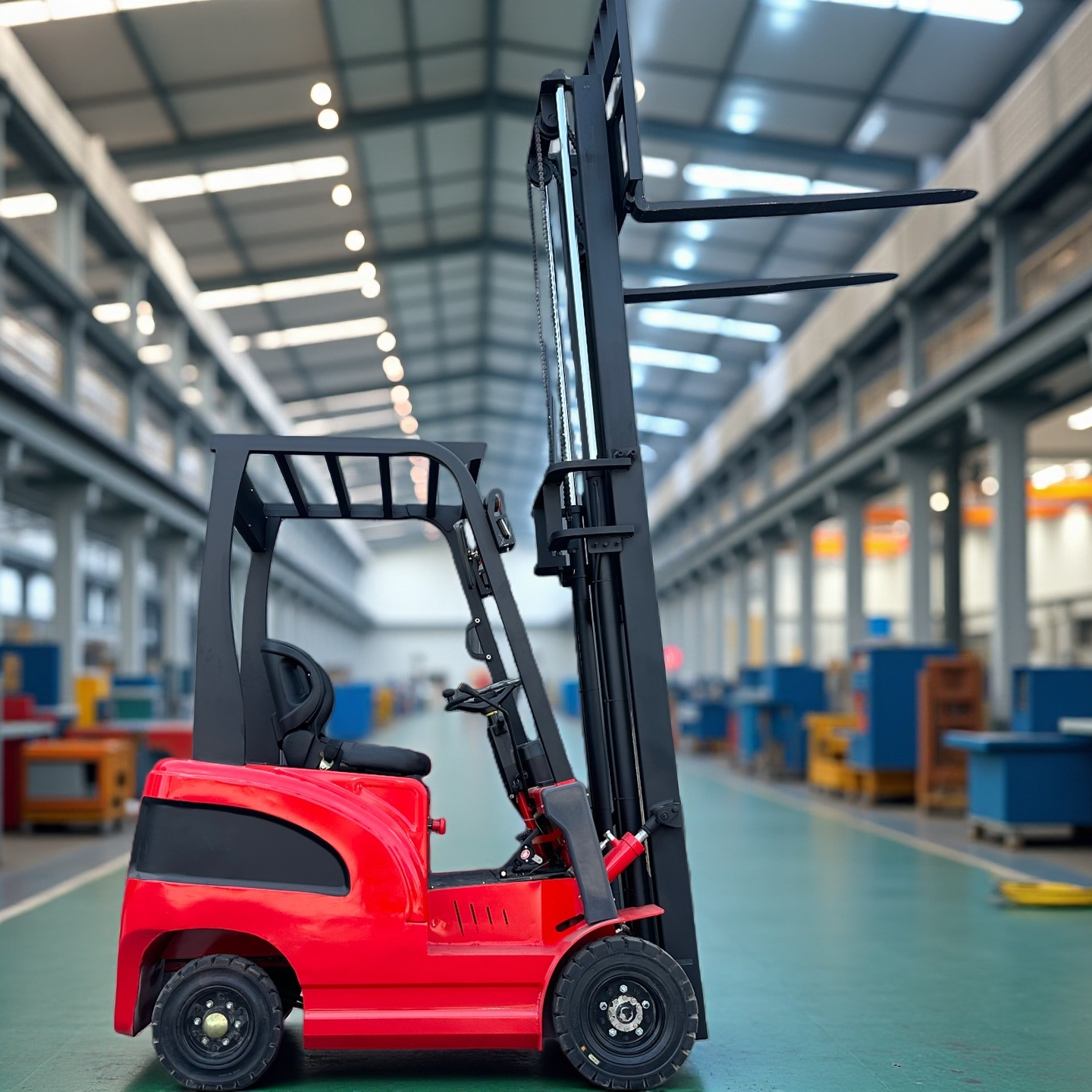 Red forklift with wheels in a warehouse setting.
