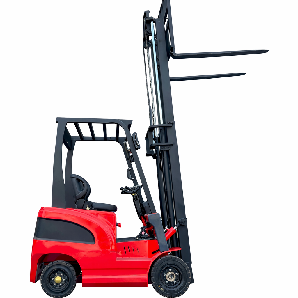 Red forklift with wheels on a white background