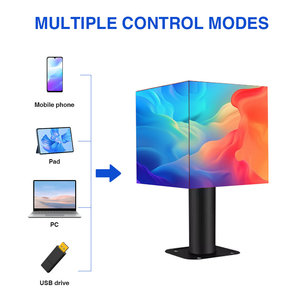 Colourful LED cube display with control modes indicated by smartphone, tablet, laptop, and USB drive icons.