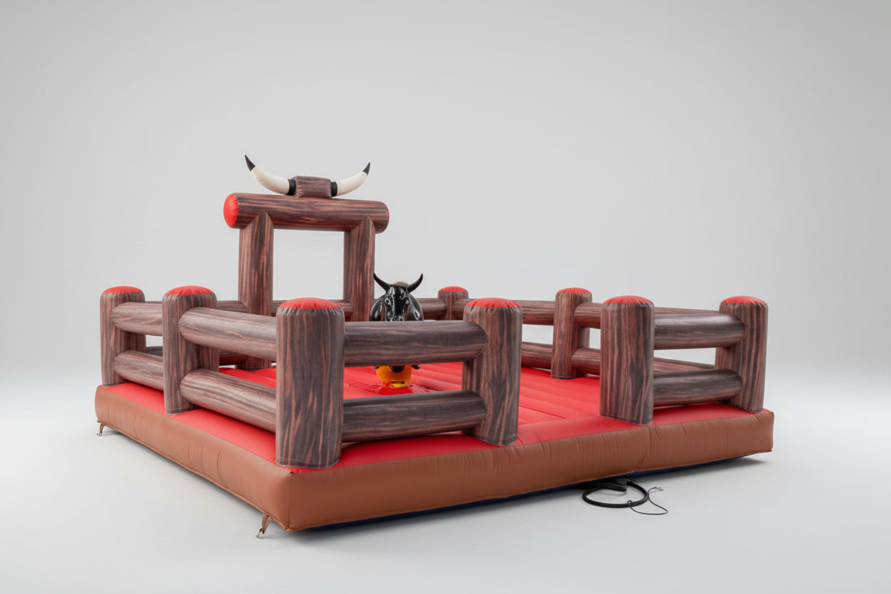 Red and brown old texan style Inflatable bull riding game.