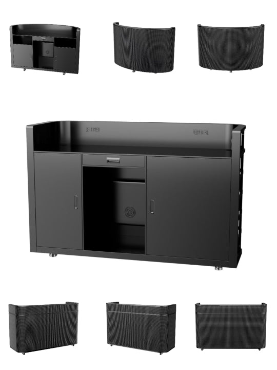 Different angles of a black DJ booth with various storage compartments on a white background.