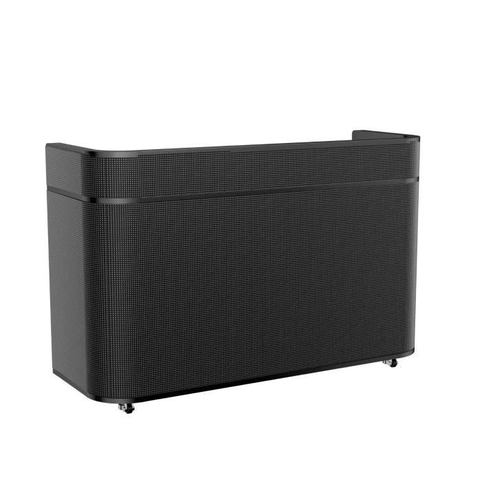 Black, curved dj booth with wheels on a white background