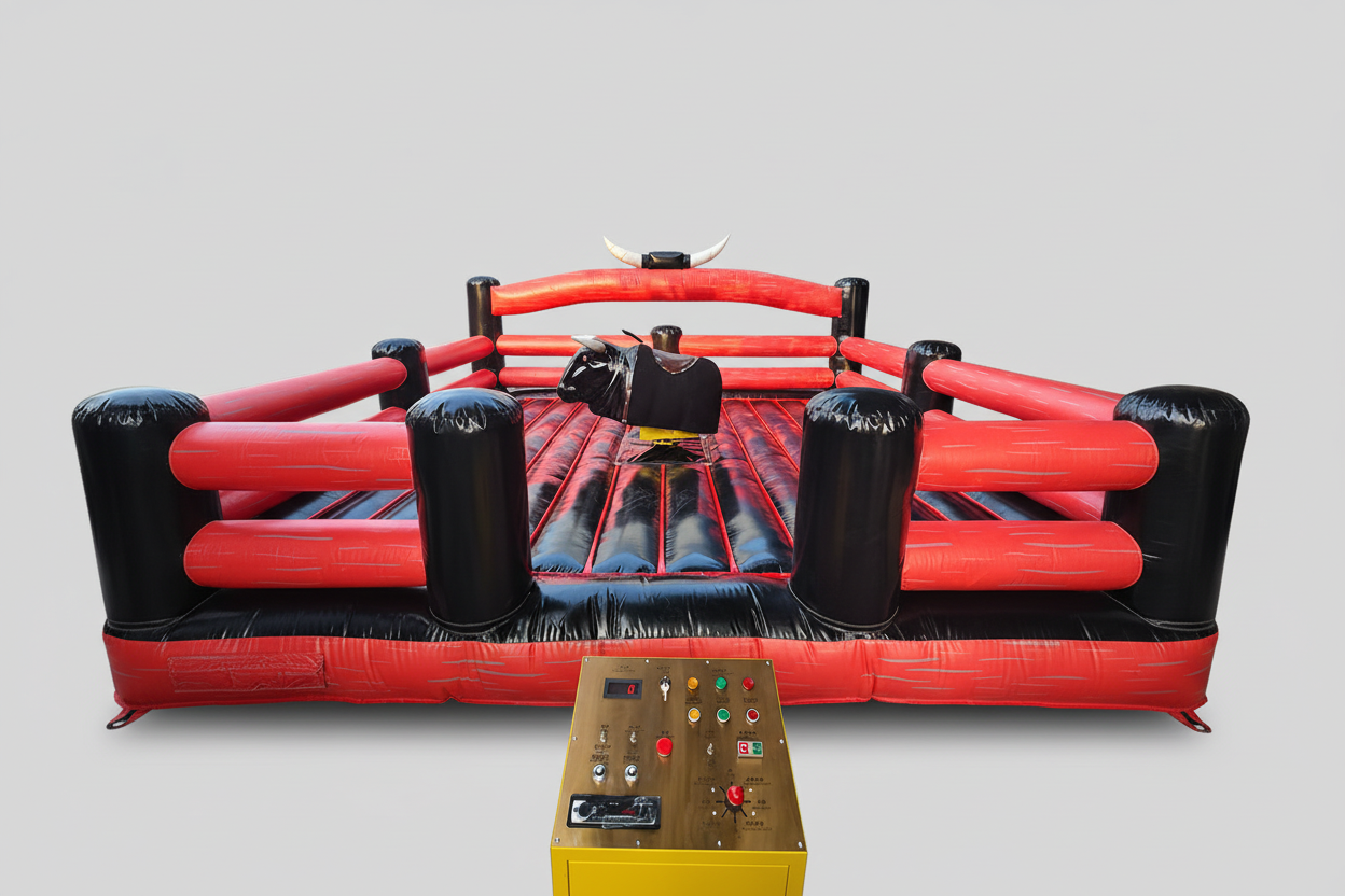 Black and red Inflatable mechanical bull with control panel.