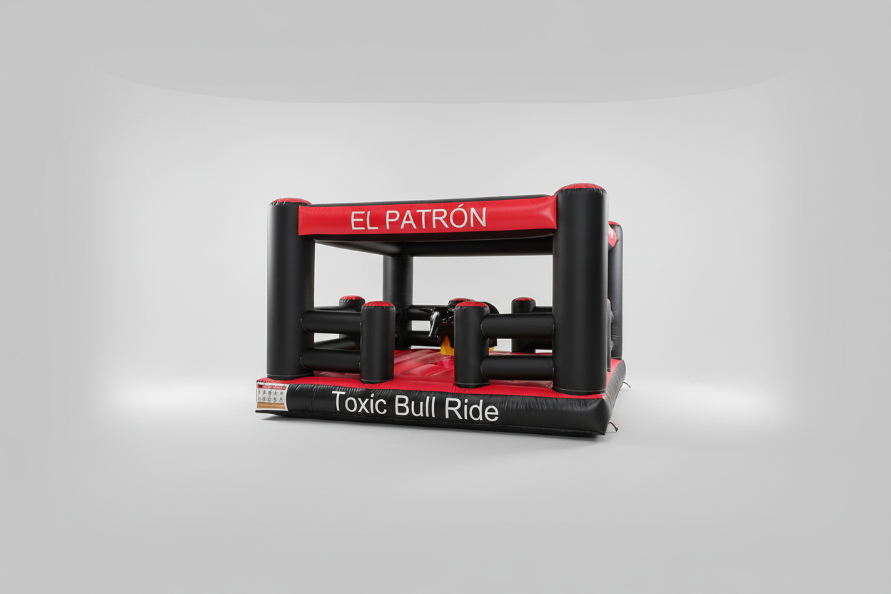Red and black Inflatable bull ride game with 'El Patron' branding in an indoor setting.