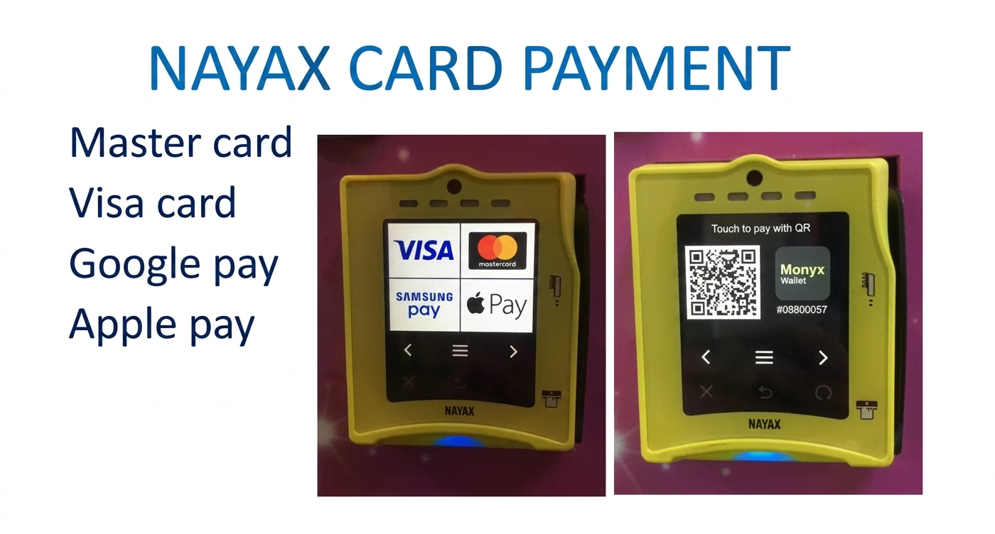 Two payment terminals with card reader and QR code scanner, displaying major payment methods.