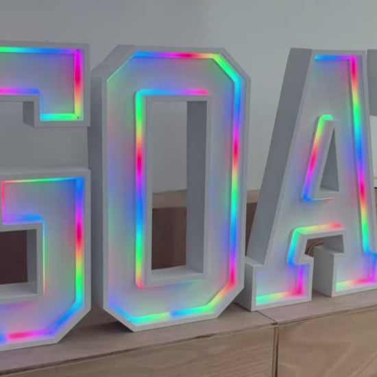 4FT multicoloured neon LED sign spelling 'GOAT'