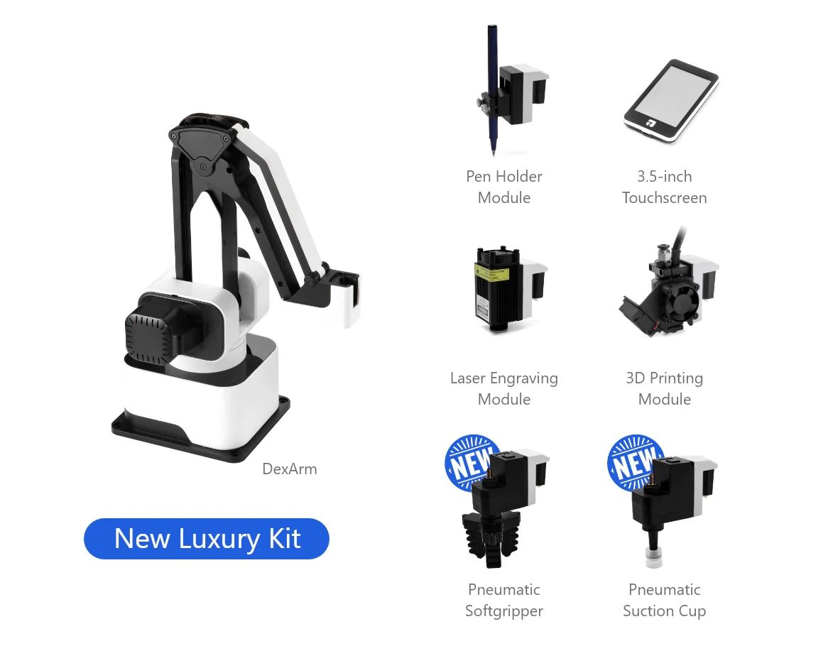 Robotic arm kit with various modules on a white background