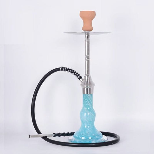 Shisha pipe with blue ceramic bowl and wooden top on a white background