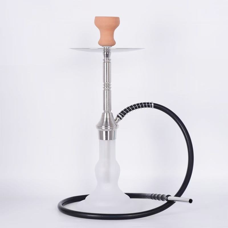 Clear glass Shisha pipe with wooden top and black hose on a white background